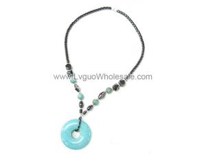 Big Turquoise Donut Pendant Hematite Necklace